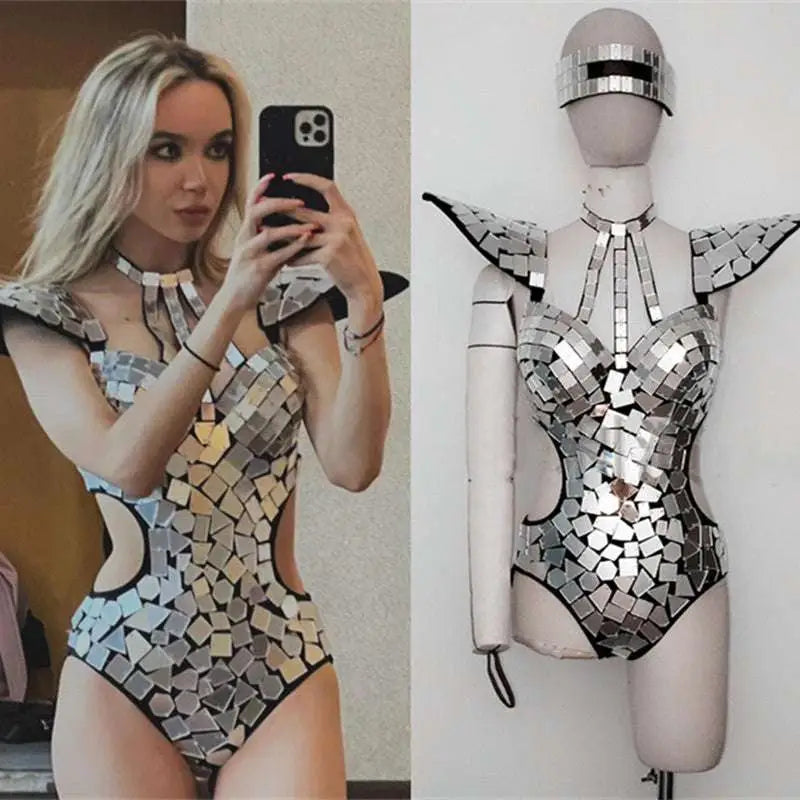 Shiny silver mirrored mosaic one-piece performance bodysuit with geometric tile design and black trim for bikini performance hall