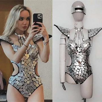 Shiny silver mirrored mosaic one-piece performance bodysuit with geometric tile design and black trim for bikini performance hall