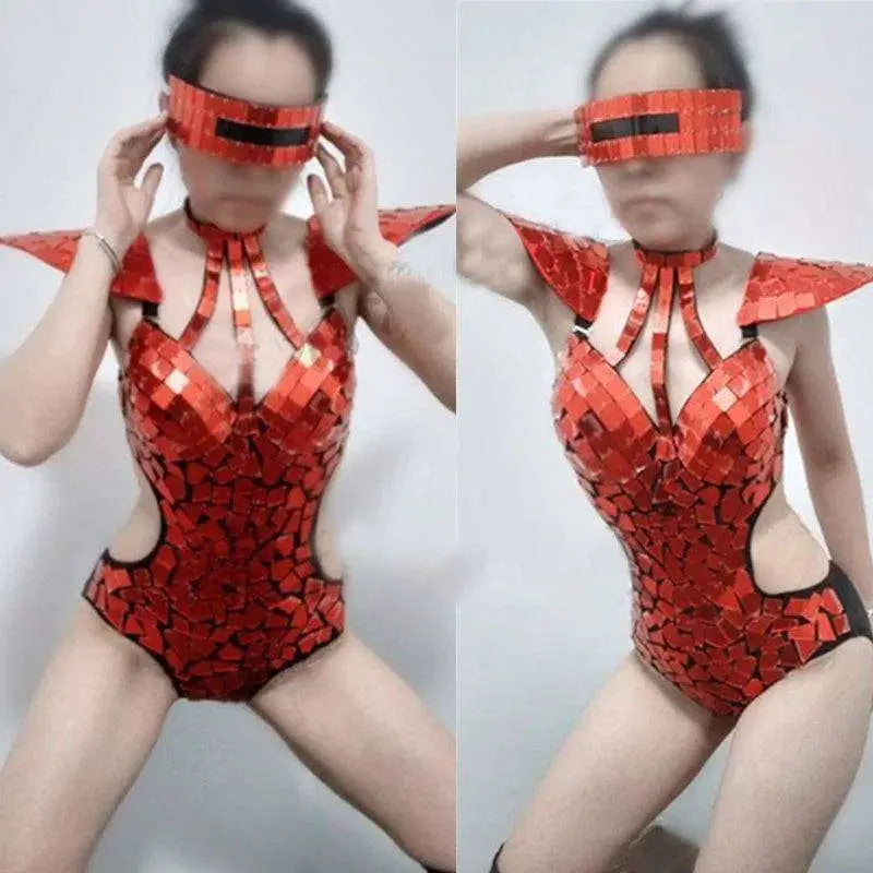 Red mosaic-patterned silver mirror performance hall performance bodysuit with black trim and matching shoulder pads