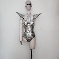 Silver mirror performance hall performance bodysuit with shiny silver mirrored mosaic, angular geometric design and shoulder accents