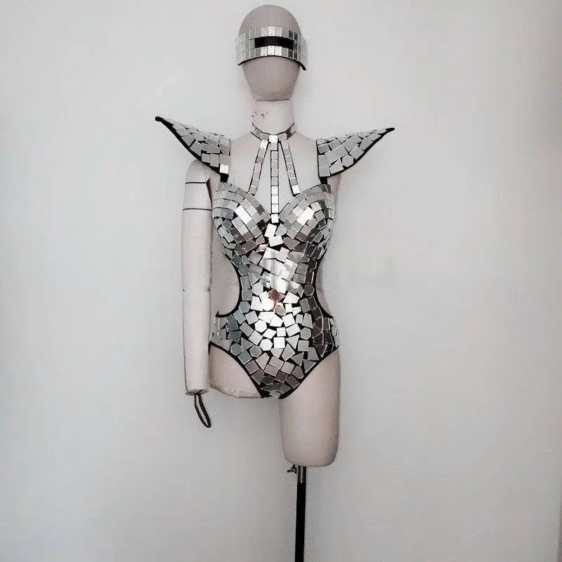 Silver mirror performance hall performance bodysuit with shiny silver mirrored mosaic, angular geometric design and shoulder accents