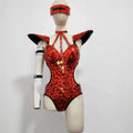 Red mosaic sequin performance bodysuit with black shoulder pads and headband for silver mirror performance hall
