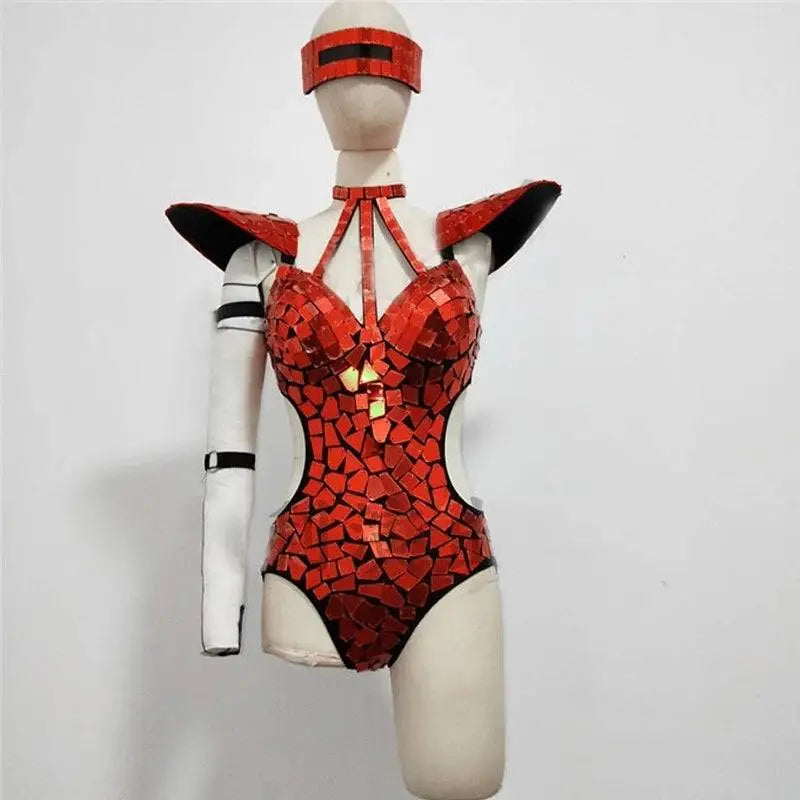 Red mosaic sequin performance bodysuit with black shoulder pads and headband for silver mirror performance hall