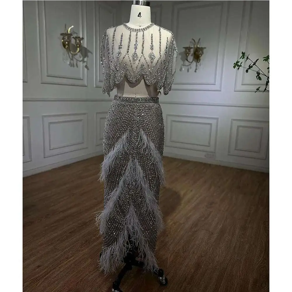 Silver nude feathered two-piece evening gown with sheer embellished bodice and flowing skirt with feather accents