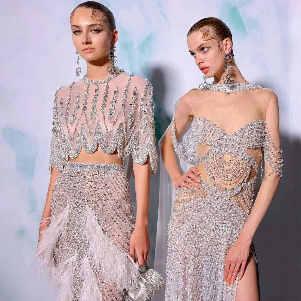 Silver nude feathered mini skirt with sheer embellished beaded overlay and scalloped hemline for evening wear