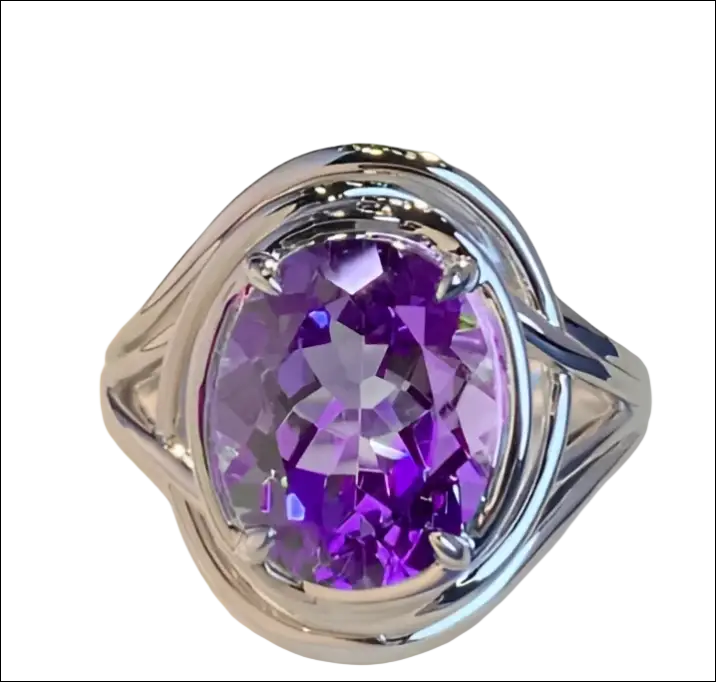Silver oval amethyst ring with braided band featuring a prominent oval-cut amethyst in a fashion amethyst ring design