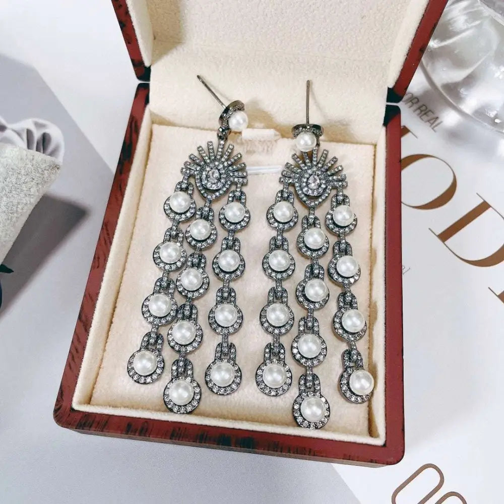 Elegant silver pearl micro inlay zircon style beaded fringe earrings with cascading white pearls and rhinestones