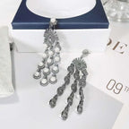 Elegant silver pearl micro inlay zircon style beaded fringe earrings with cascading pearls and intricate crystal detailing