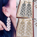 Elegant silver pearl micro inlay zircon style beaded fringe earrings with cascading pearls and crystals in silver and gold tones