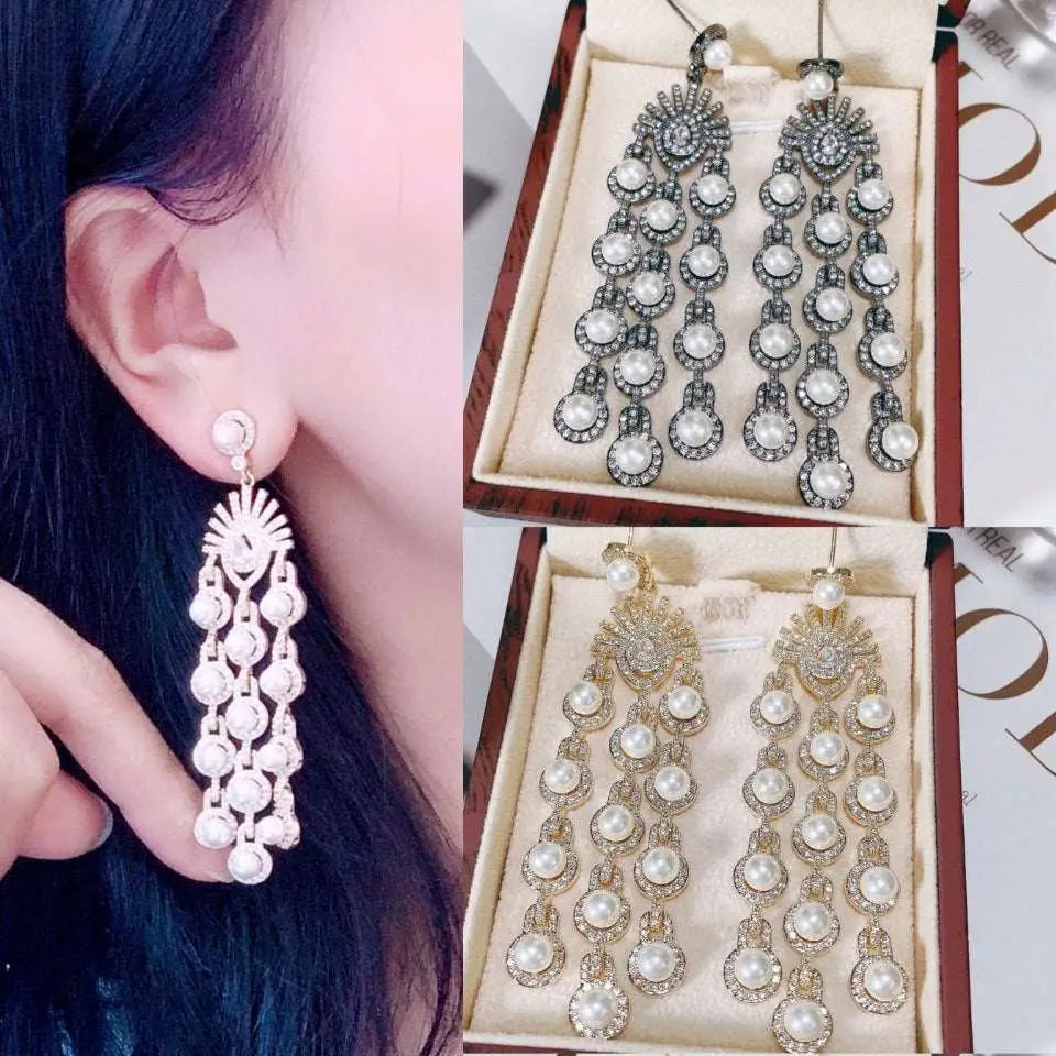 Elegant silver pearl micro inlay zircon style beaded fringe earrings with cascading pearls and crystals in silver and gold tones