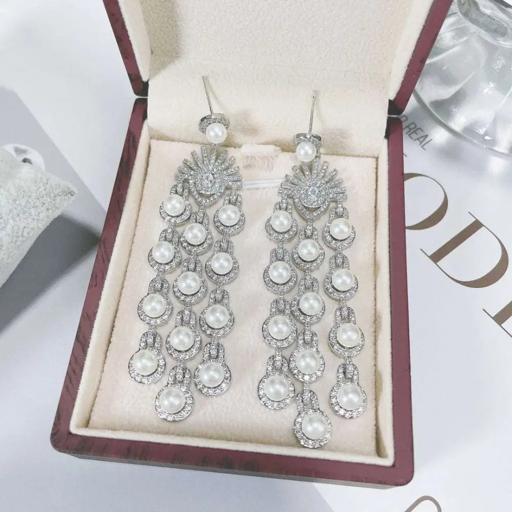 Elegant silver pearl micro inlay zircon style beaded fringe earrings with cascading white pearls and crystal settings