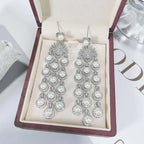 Elegant silver pearl micro inlay zircon style beaded fringe earrings with cascading white pearls and crystal settings