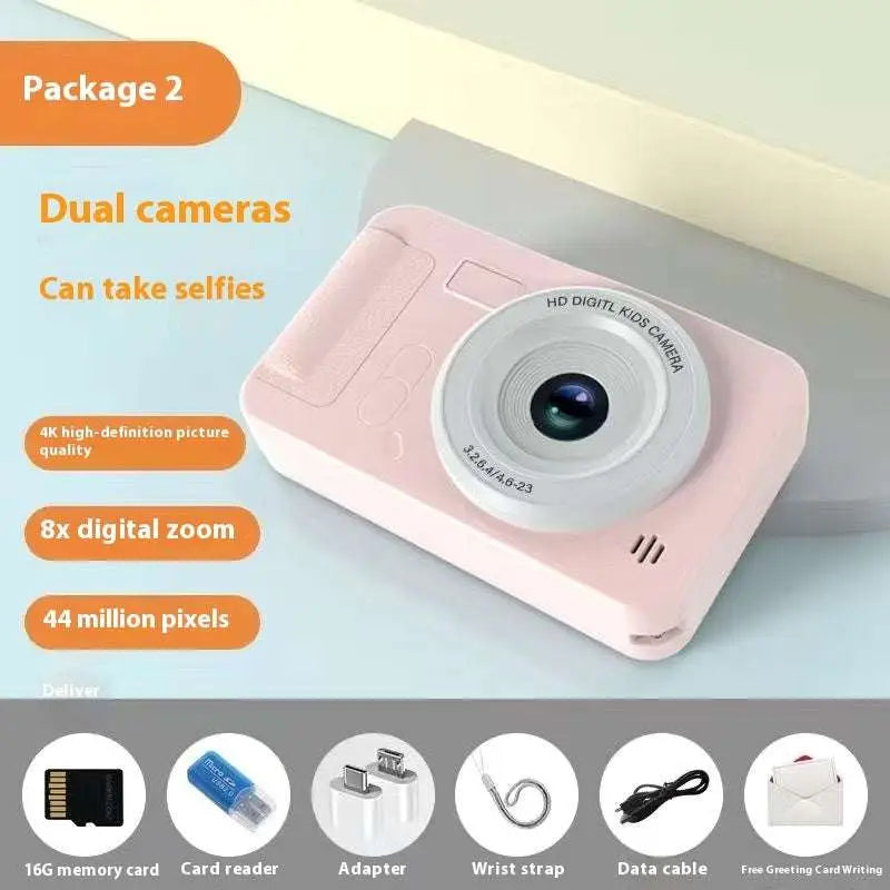 Silver portable ccd digital camera for students featuring a pink plastic hd kids camera with dual circular lenses