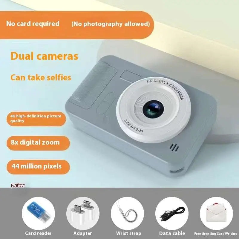 Silver portable ccd digital kids camera in gray plastic with dual circular lenses for student use