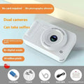 White plastic silver portable ccd digital camera with dual cameras and circular lens designed for students