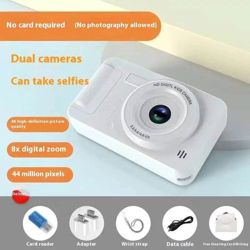 White plastic silver portable ccd digital camera with dual cameras and circular lens designed for students