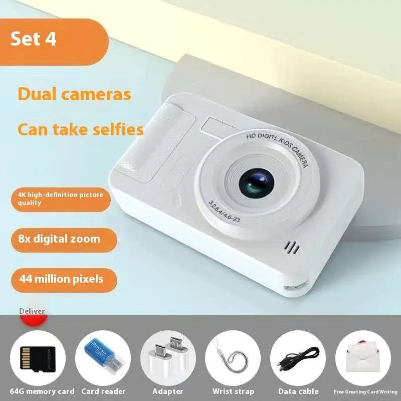 Silver portable ccd digital camera in white plastic with dual cameras and selfie capability for students