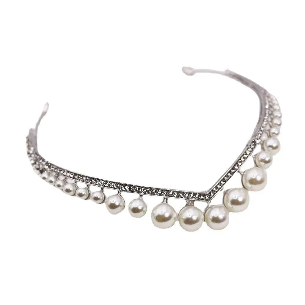 Silver rhinestone and wedding crown alloy headband with sparkling rhinestones and lustrous white pearls for bridal wear