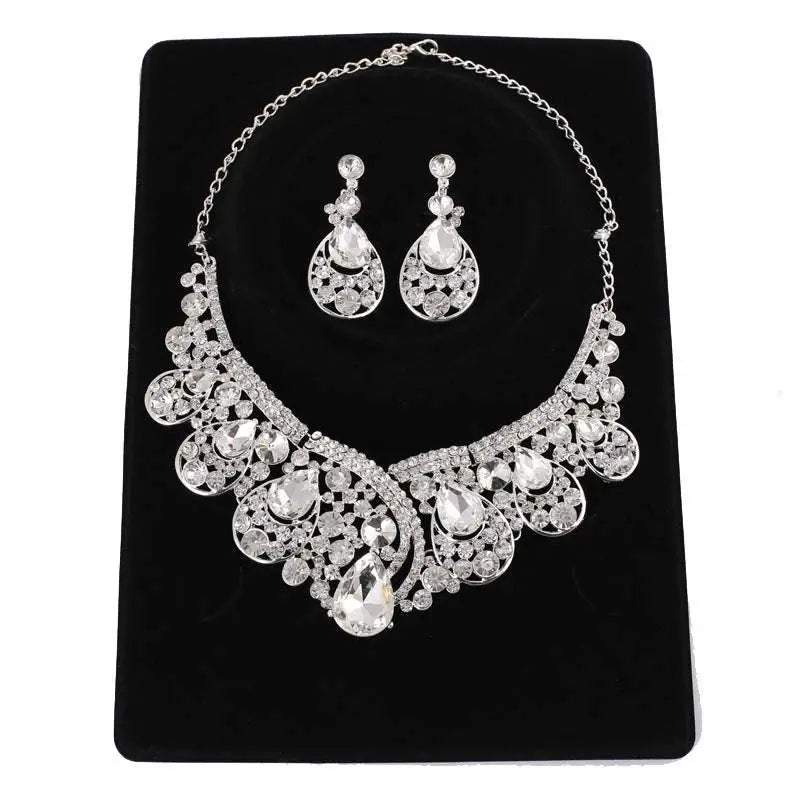 Silver statement necklace with cascading clear teardrop and round crystals in korean super alloy jewelry set