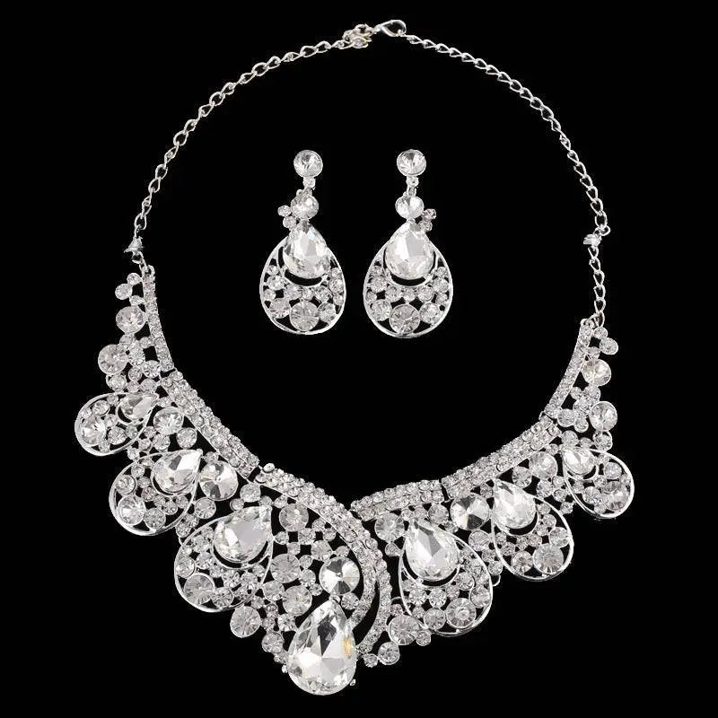 Silver rhinestone korean super alloy choker necklace with teardrop and floral designs in alloy jewelry set