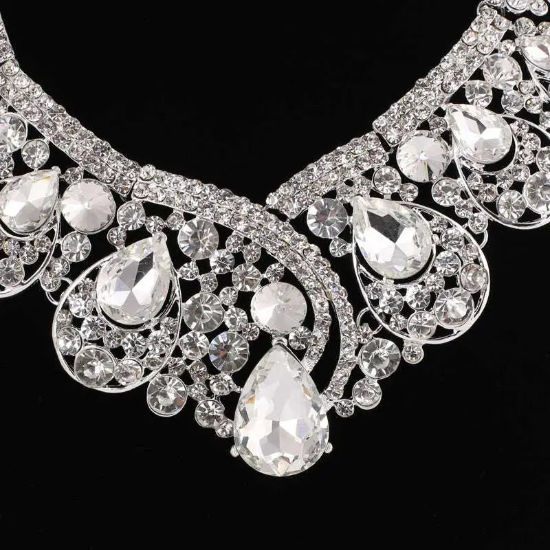 Silver rhinestone korean choker necklace with teardrop and floral designs in a korean super alloy jewelry set