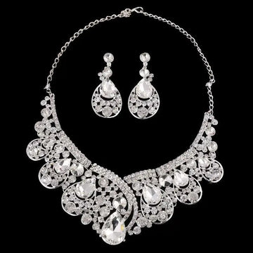 Silver rhinestone korean choker necklace with teardrop and floral designs in a korean super alloy jewelry set