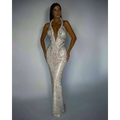 Silver rhinestone sexy sequined banquet dress sheath featuring a shimmering halter-neck and deep v-back silhouette
