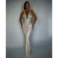 Silver rhinestone sexy sequined banquet dress sheath with a shimmering halter neck and deep v-back form-fitting silhouette