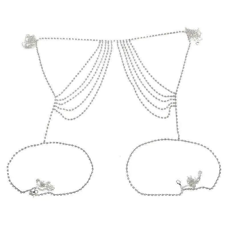 Silver rhinestone waist chain jewelry featuring a silver chain body chain with cascading strands and decorative clasp ends