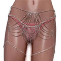 Silver rhinestone waist chain jewelry featuring a chain body harness with cascading fringe and adjustable straps