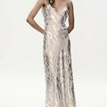Silver satin metal foil printed underwear dress with shimmering silver cream metallic satin and v-neckline straps