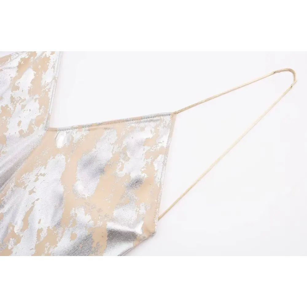 A shimmering silver beige metal foil printed underwear dress top with delicate thin straps and metallic fabric