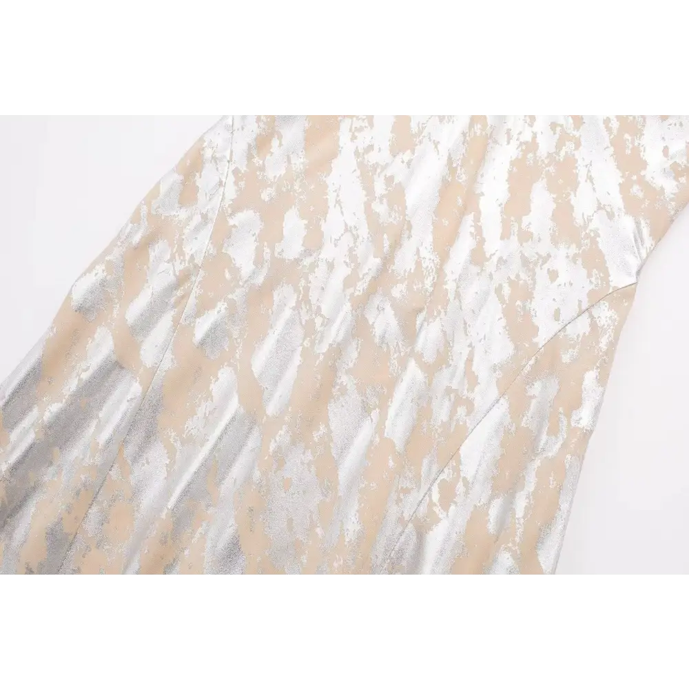 A shimmering silver metal foil printed underwear dress featuring a mottled pattern in satin fabric