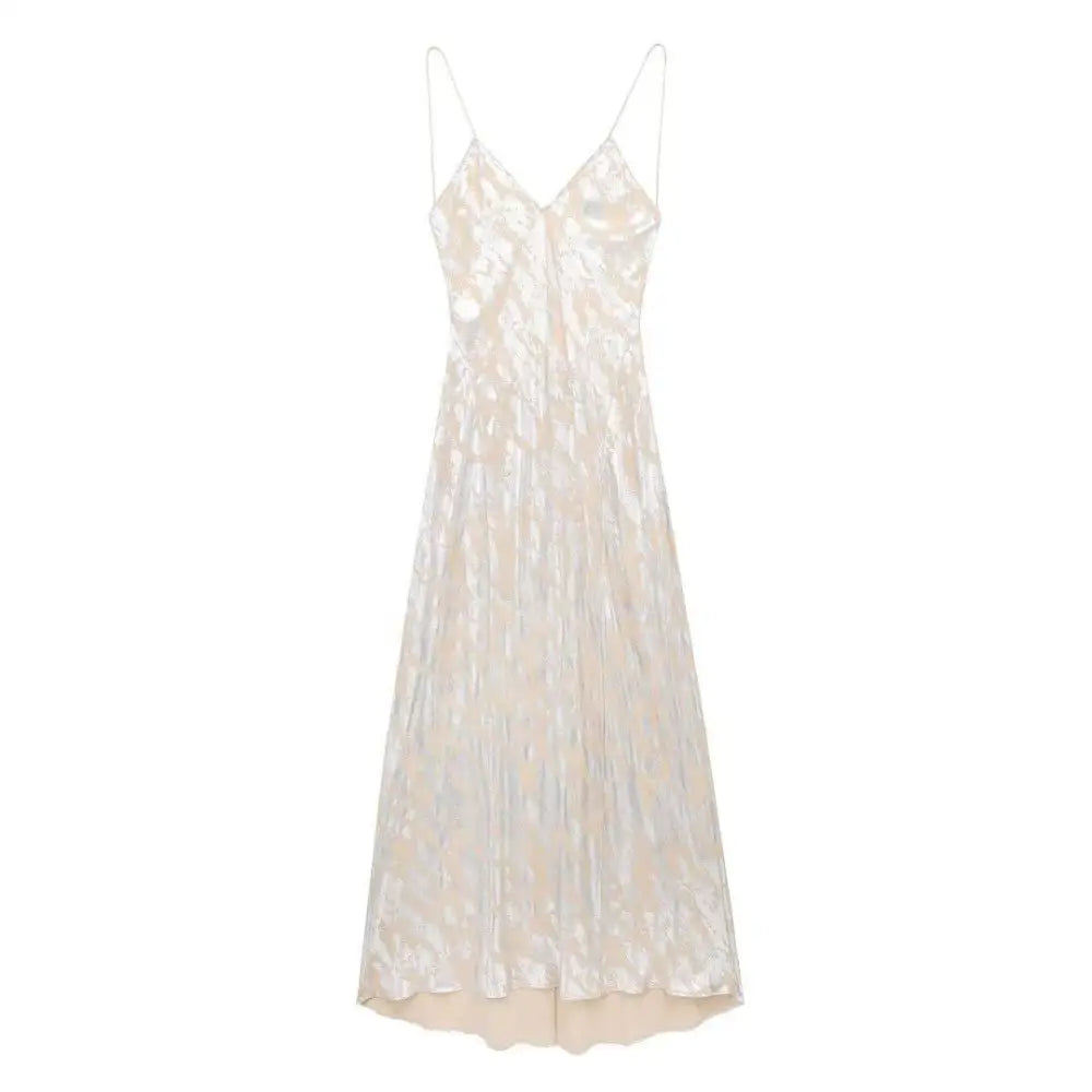 Silver satin metal foil printed underwear dress with shimmering silver cream metallic satin and v-neckline straps