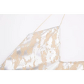 Silver satin metal foil printed underwear dress featuring a metallic silver and beige peeling paint effect fabric apron with stitched edge