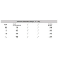 Silver satin shimmering metal foil printed underwear dress size chart with chest and length measurements in centimeters