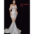 A shimmering silver sequin mermaid-style female singer gown made of nude spandex for nightclub dj female use