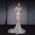 Silver sequin female singer gown with off the shoulder sleeves and flowing train for nightclub dj females european style