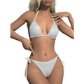 Silver sequin triangle bikini two piece set with adjustable white straps and high waisted bottoms with side ties