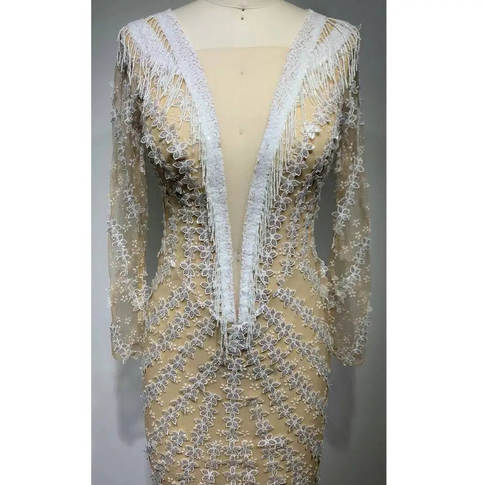 Sheer beige evening gown with intricate white lace appliqués and beaded floral patterns featuring a backless tight fishtail design