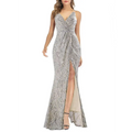 A silver sequined ladies maxi long sexy party dress with a deep v-neckline and a high slit