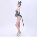 Silver sequined mouse bar costume featuring a shiny silver sequined mouse-themed outfit with headpiece gloves and tail