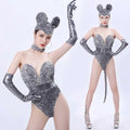 Silver sequined mouse bar costume featuring shiny silver sequined fabric with long gloves and a tail