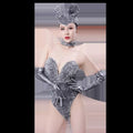Shiny silver sequined mouse bar one-piece bodysuit with matching mouse-ear headpiece and metallic gloves