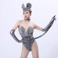 Silver sequined mouse bar costume set featuring shiny silver sequined cat-themed outfit with gloves and headpiece