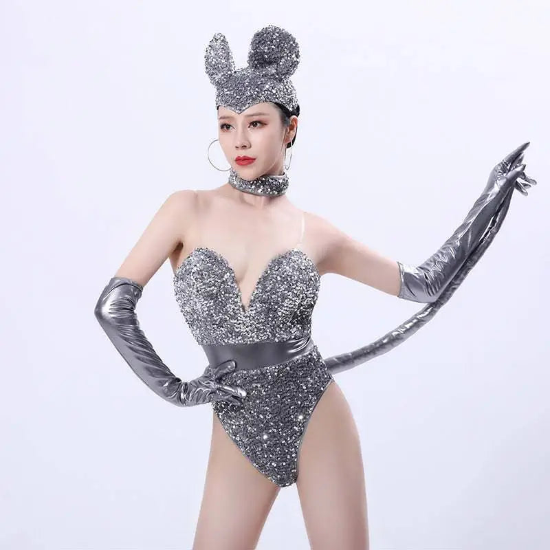 Silver sequined mouse bar costume set featuring shiny silver sequined cat-themed outfit with gloves and headpiece