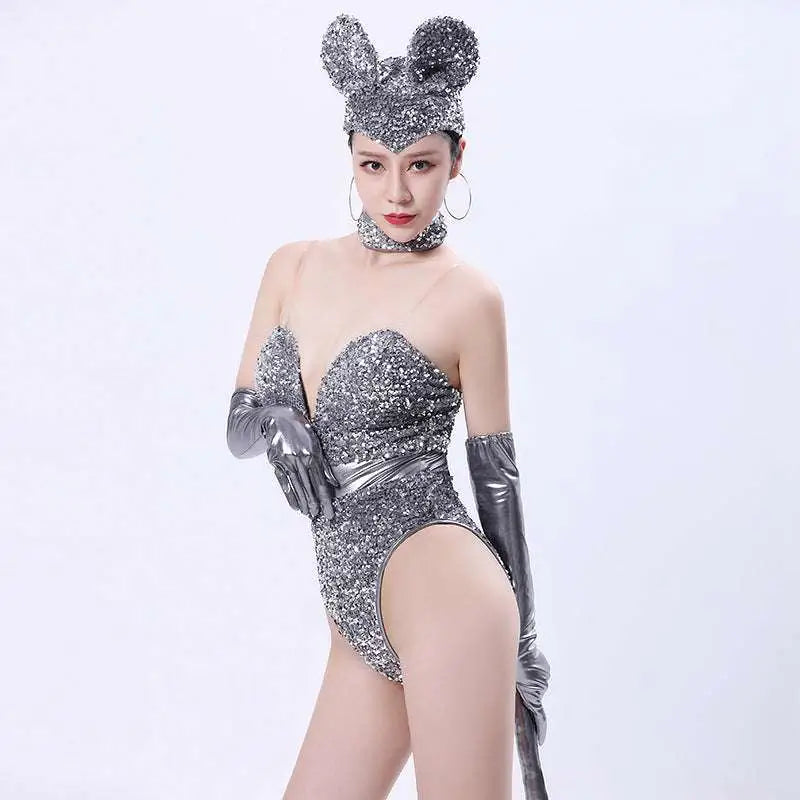 Silver sequined mouse bar costume set with shiny silver sequined fabric includes matching headpiece gloves and tail