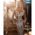 Silver sequined banquet evening dress featuring a form-fitting geometric cutout design for sprinkled gold banquet events