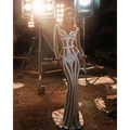 Silver sequined form-fitting banquet evening dress with geometric cutouts for a sprinkled gold banquet event
