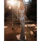 Silver sequined form-fitting banquet evening dress with geometric cutouts for a sprinkled gold banquet event